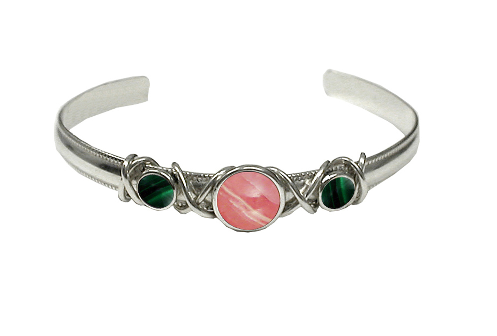 Sterling Silver Hand Made Cuff Bracelet With Rhodocrosite And Malachite